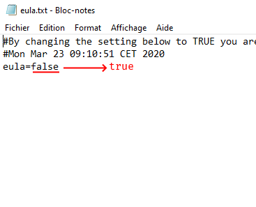 Modification de la ligne eula=false en eula=true